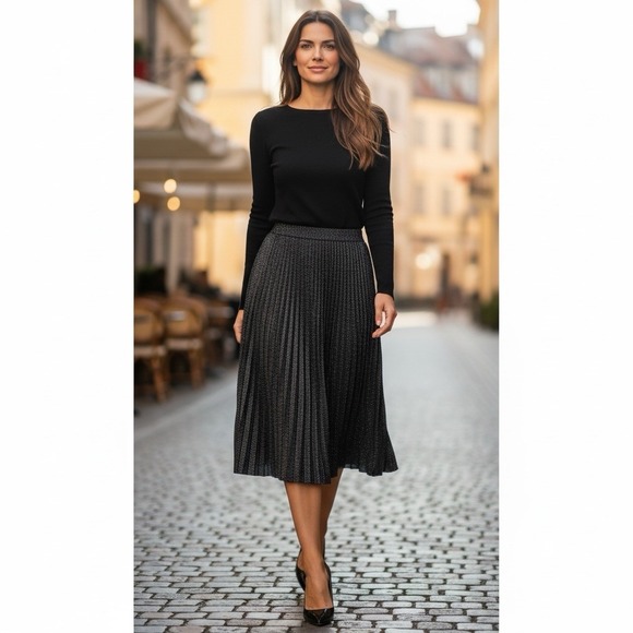 Eliza J Dresses & Skirts - Eliza J Size Large Black Metallic Pleated Knit Elastic Waist MIDI Skirt‎ NEW